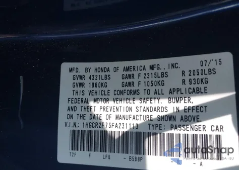 2015 Honda Accord Ex from USA, damaged, VIN 1HGCR2F75FA231113